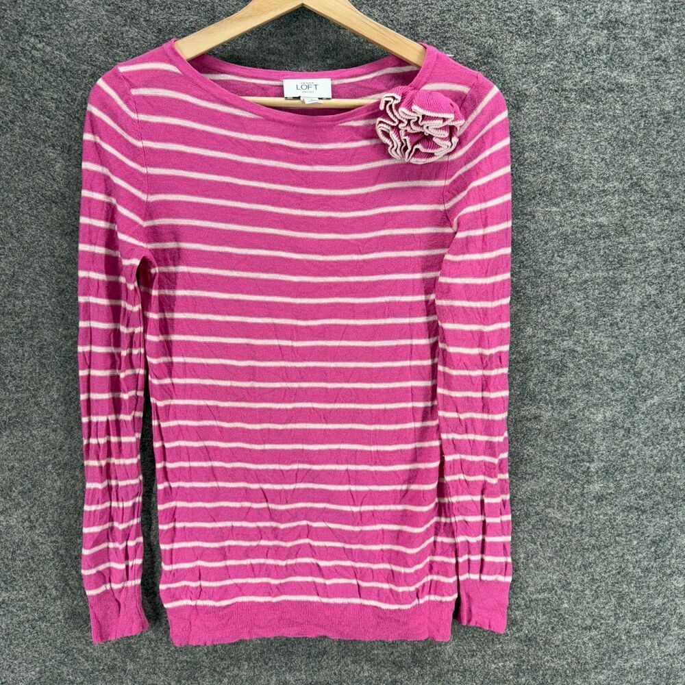 Loft Sweater Pullover Women PM Petite Pink Striped Knit Wool Long Sleeve Casual